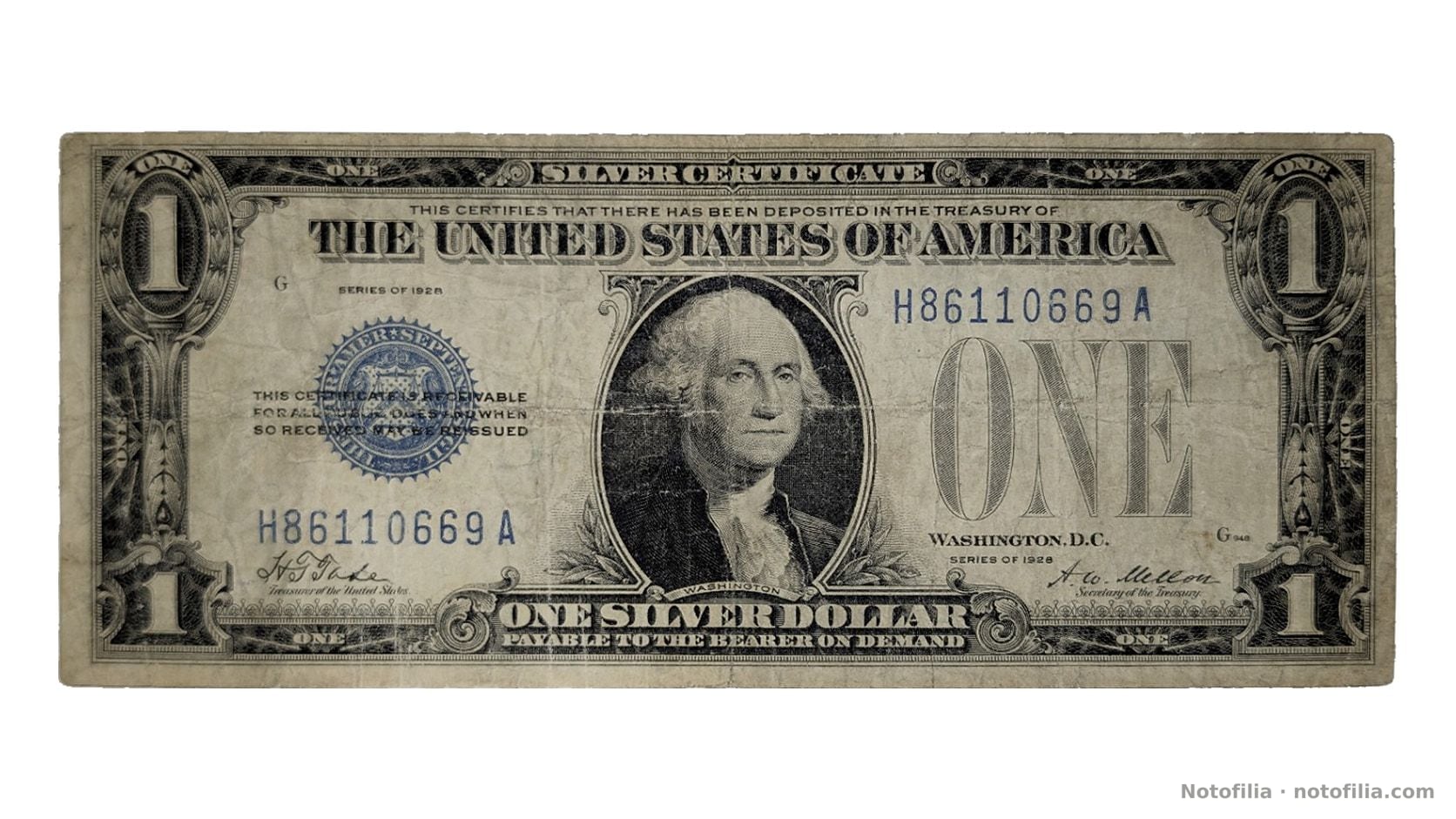 Anverso, 1 dólar Tate–Mellon 1928, serial H86110669A