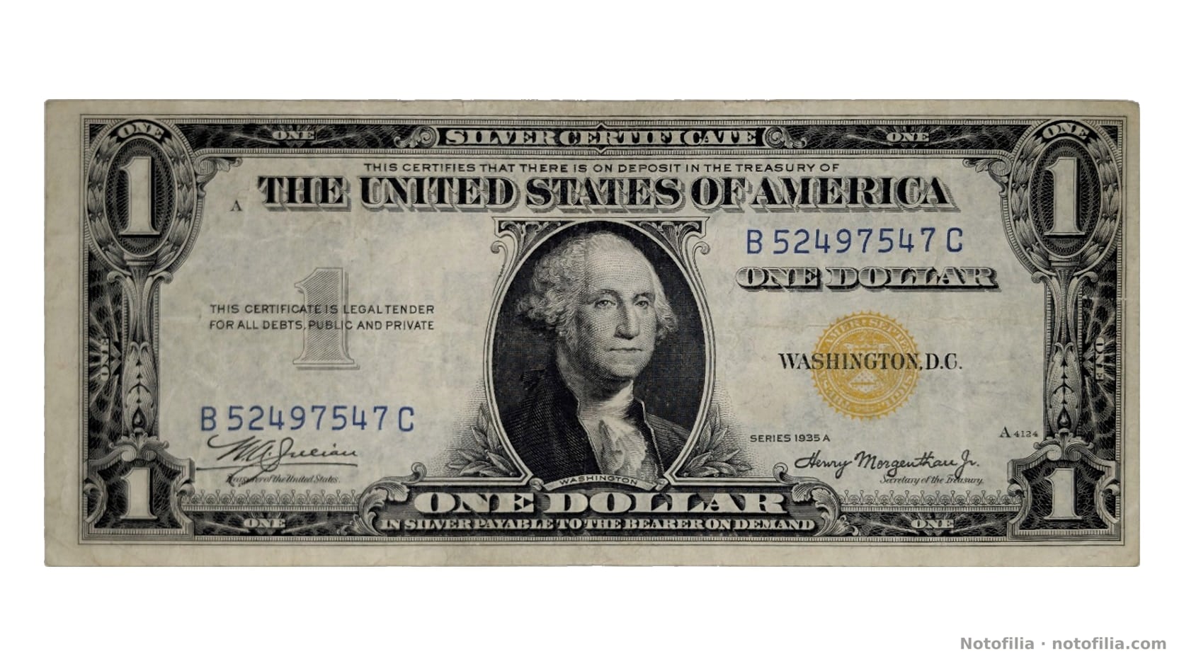 Anverso, 1 dólar Serie 1935 A, serial B 52497547 C