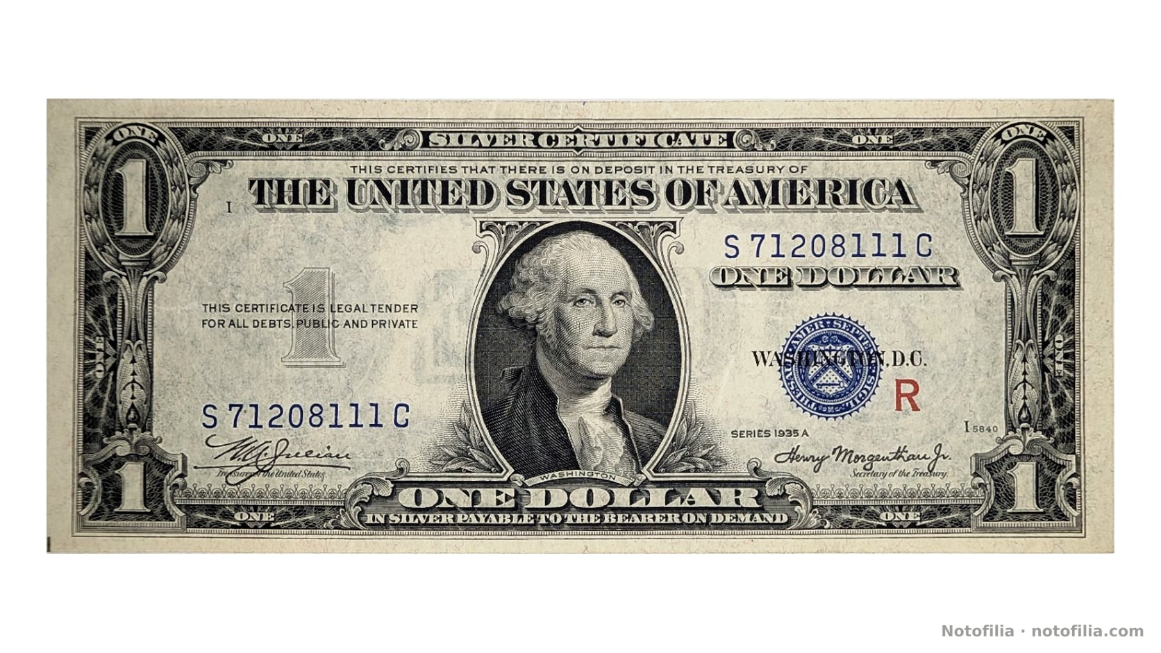 Anverso, 1 dólar Serie 1935 A, serial S 71208111 C