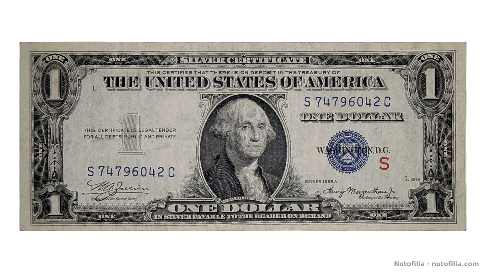 Anverso, 1 dólar Serie 1935 A, serial S 74796042 C