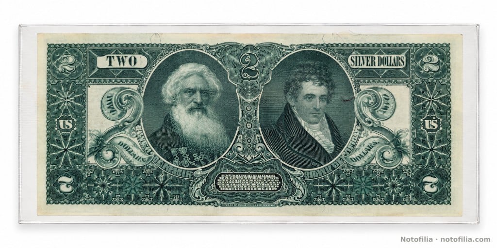 Reverso del 2 dólares Educational Series, Fr. 247: Robert Fulton y Samuel F. B. Morse en el grabado verde, en funda.