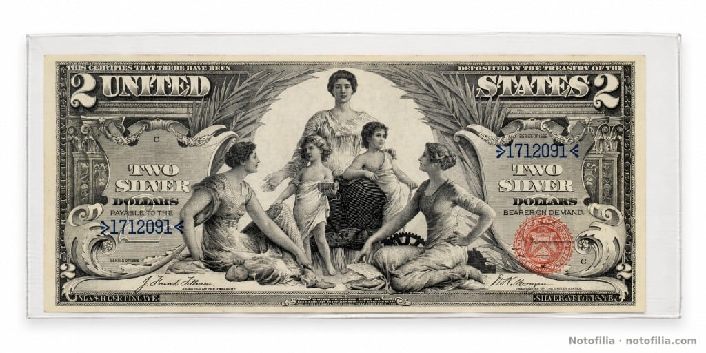 Anverso del 2 dólares certificado de plata, serie de 1896, serial 1712091, plancha C: la Ciencia, el Vapor y la Electricidad, sello rojo del Tesoro y firmas Tillman–Morgan, en funda.