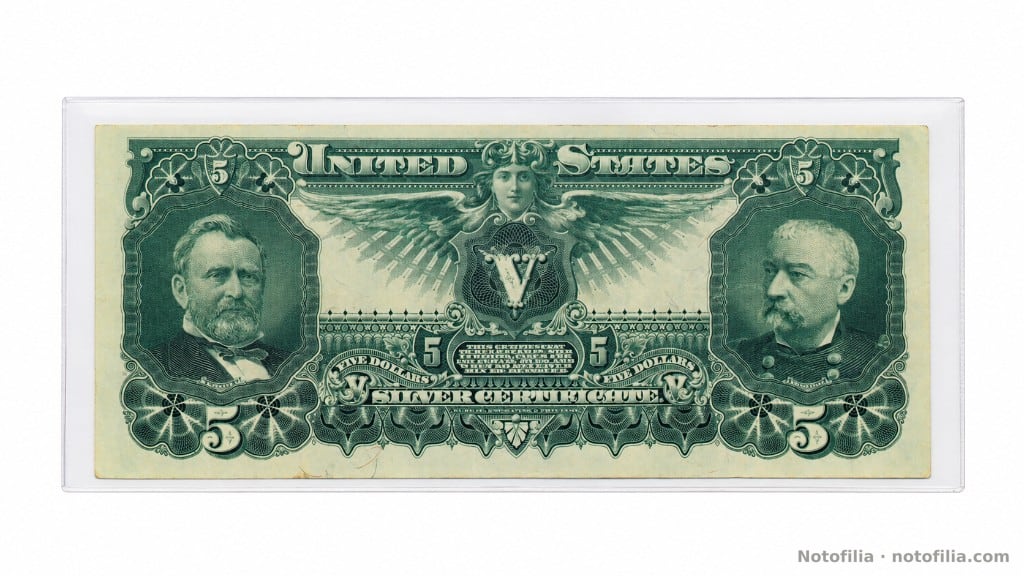 Reverso del 5 dólares Educational Series, Fr. 270: Ulysses S. Grant y Philip H. Sheridan en el grabado verde, en funda.