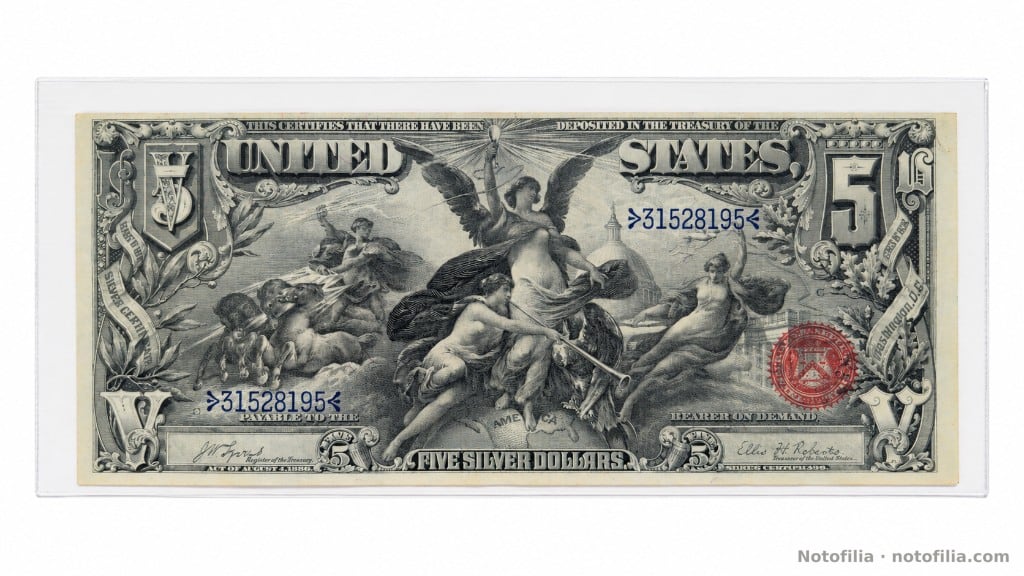 Anverso del 5 dólares certificado de plata, serie de 1896, serial 31528195: la Electricidad, sello rojo del Tesoro y firmas Lyons–Roberts, en funda.