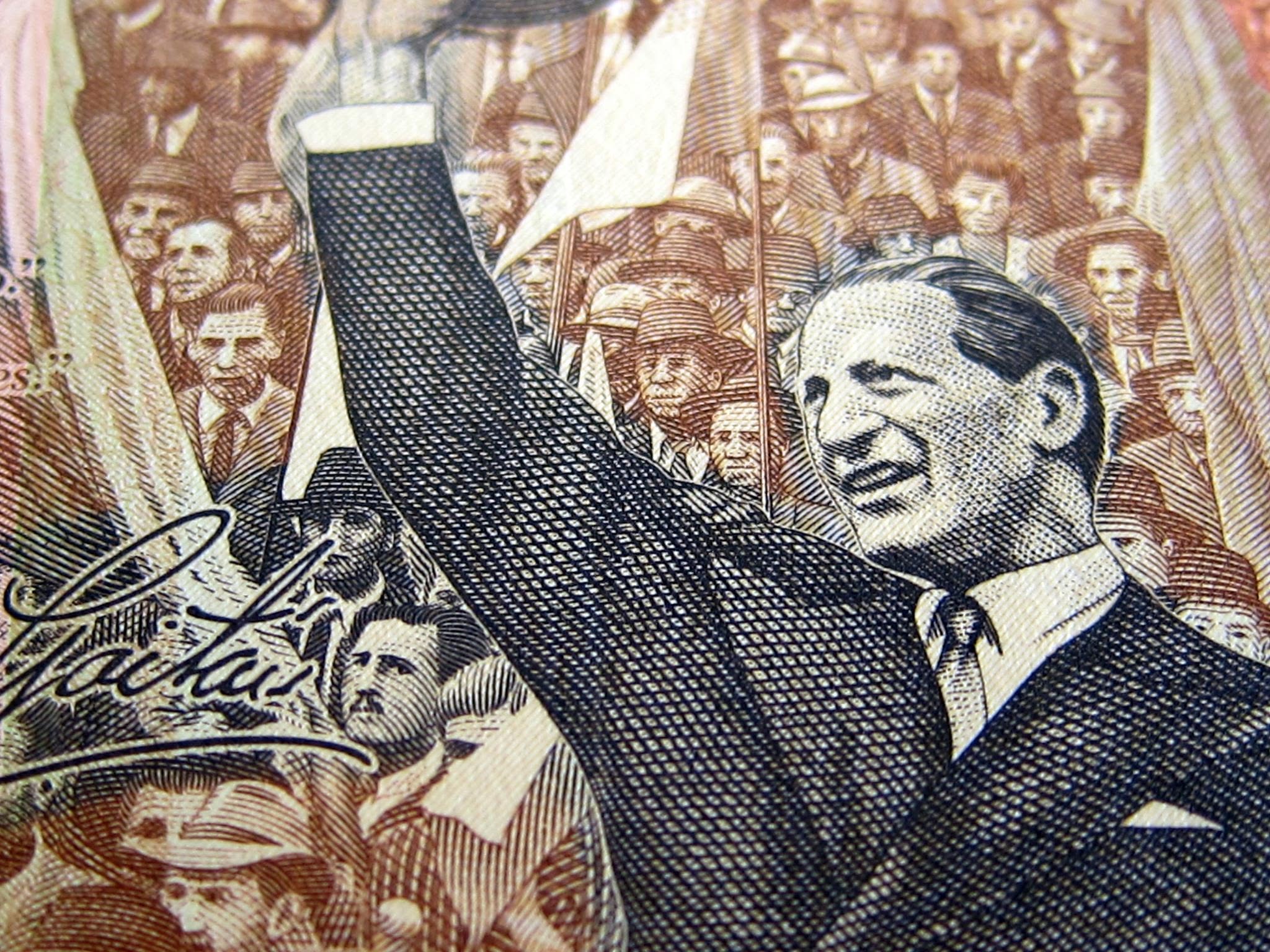 Grabado detallado de un billete de colección, con un orador y una multitud, estilo numismática y notafilia