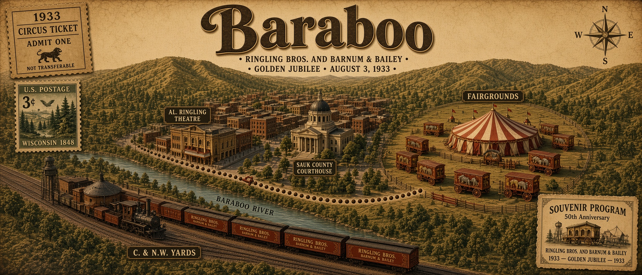 Mapa souvenir de Baraboo, Wisconsin, para el Golden Jubilee del Ringling Bros. and Barnum & Bailey Circus el 3 de agosto de 1933: vista aérea sepia con boleto de circo de 1933, sello de 3¢ de Wisconsin 1848, rosa de los vientos y programa souvenir, y el Al. Ringling Theatre, el palacio de justicia de Sauk County, el río Baraboo, los patios C. & N.W. y la carpa en el recinto ferial