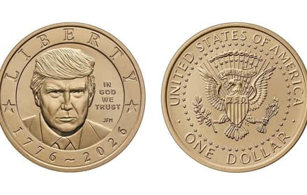 Private one-dollar commemorative for the 250th anniversary of U.S. independence (1776–2026), with a portrait and presidential seal