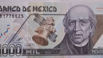 Obverse of the Mexican 1,000-peso note with Miguel Hidalgo, the Bell of Dolores, and serial B1776625