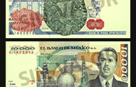 Obverse and reverse of the Mexican Family A 10,000-peso note with Lázaro Cárdenas and Coyolxauhqui