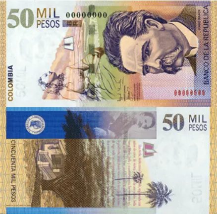Billete colombiano de 50.000 pesos de la familia Jorge Isaacs, tipo de ilustración
