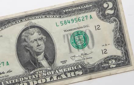 Close-up of a 2013 U.S. two-dollar note with Thomas Jefferson and serial L58495627A