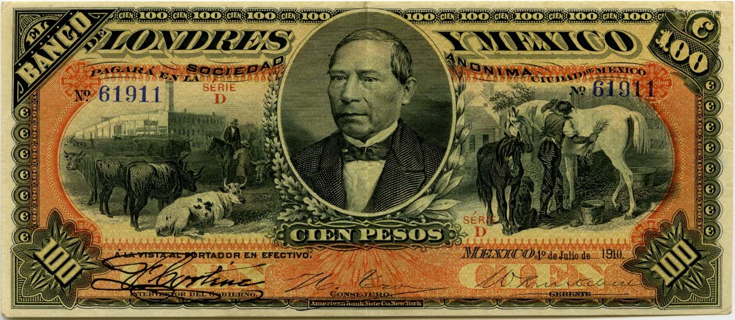 Billete de 100 pesos del Banco de Londres y México, serie D, fechado el 1 de julio de 1910, con un retrato ovalado