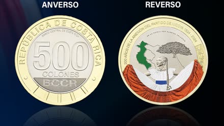 Obverse and reverse of the bimetallic ₡500 for the 200th anniversary of the Annexation of Nicoya (1824–2024)
