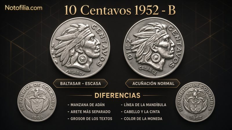 Lámina con dos monedas de 10 centavos de 1952 marca B: a la izquierda el retrato llamado Baltasar y a la derecha la acuñación corriente de Calarcá, y debajo los reversos con las armas y la fecha