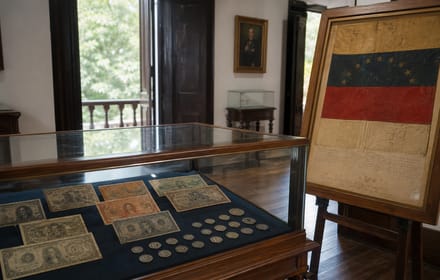 A case of Venezuelan notes and coins beside a framed tricolor flag in a museum room