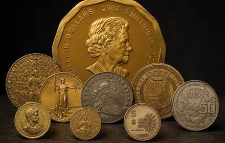 Nine historic gold and silver coins, including the Big Maple Leaf, the 1804 dollar, and Mexican Quetzalcóatl and Coyolxauhqui pieces