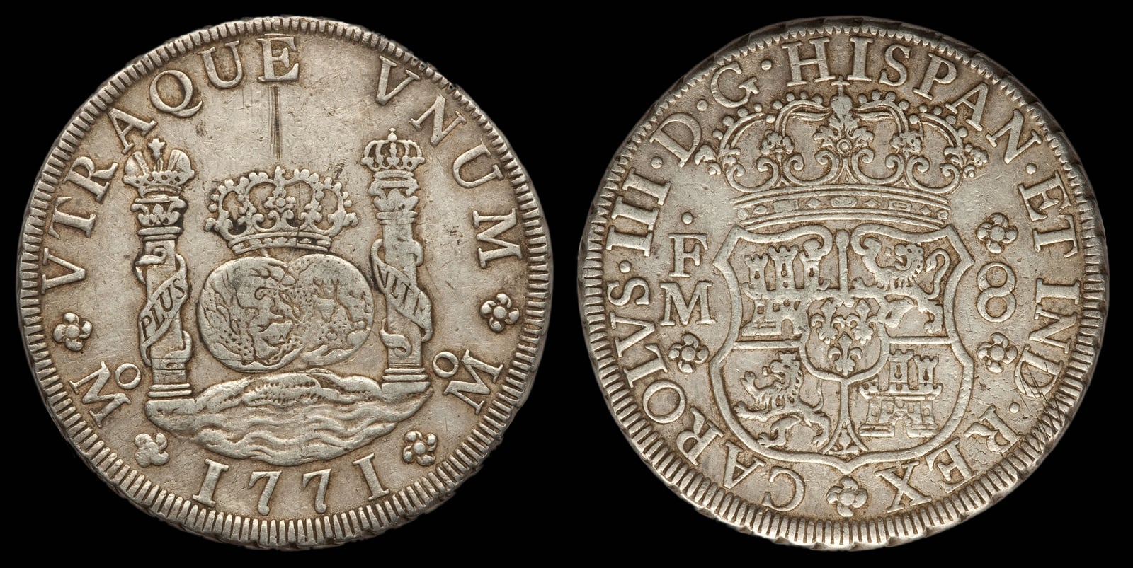 Columnario de 8 reales de México, 1771, Carlos III: columnas con PLUS VLTRA y escudo coronado con el valor 8