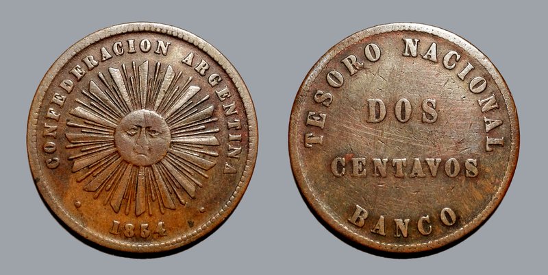 Moneda de 2 centavos de 1854 de la Confederación Argentina, anverso y reverso