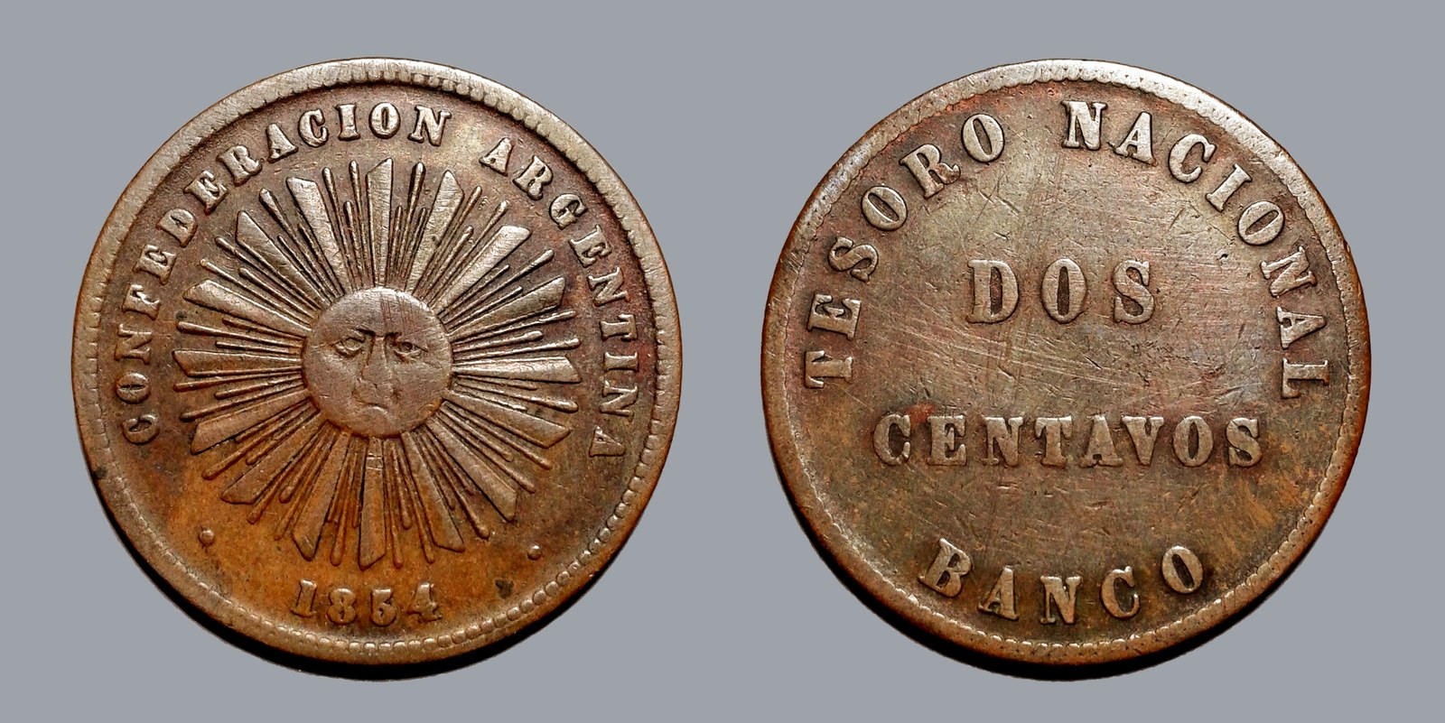 Moneda de 2 centavos de 1854 de la Confederación Argentina, anverso y reverso