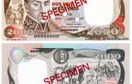 Billete specimen de 2.000 pesos oro de 1985 del Banco de la República de Colombia, con el retrato de Simón Bolívar y numeración de muestra