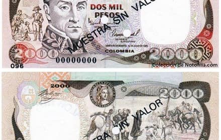 Colombian 2,000 pesos oro specimen banknote of 1993, printed by the Imprenta de Billetes of Banco de la República