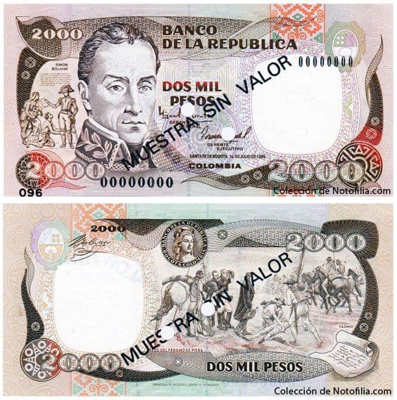 Obverse and reverse of the Colombian 2,000 pesos oro specimen note dated 1993