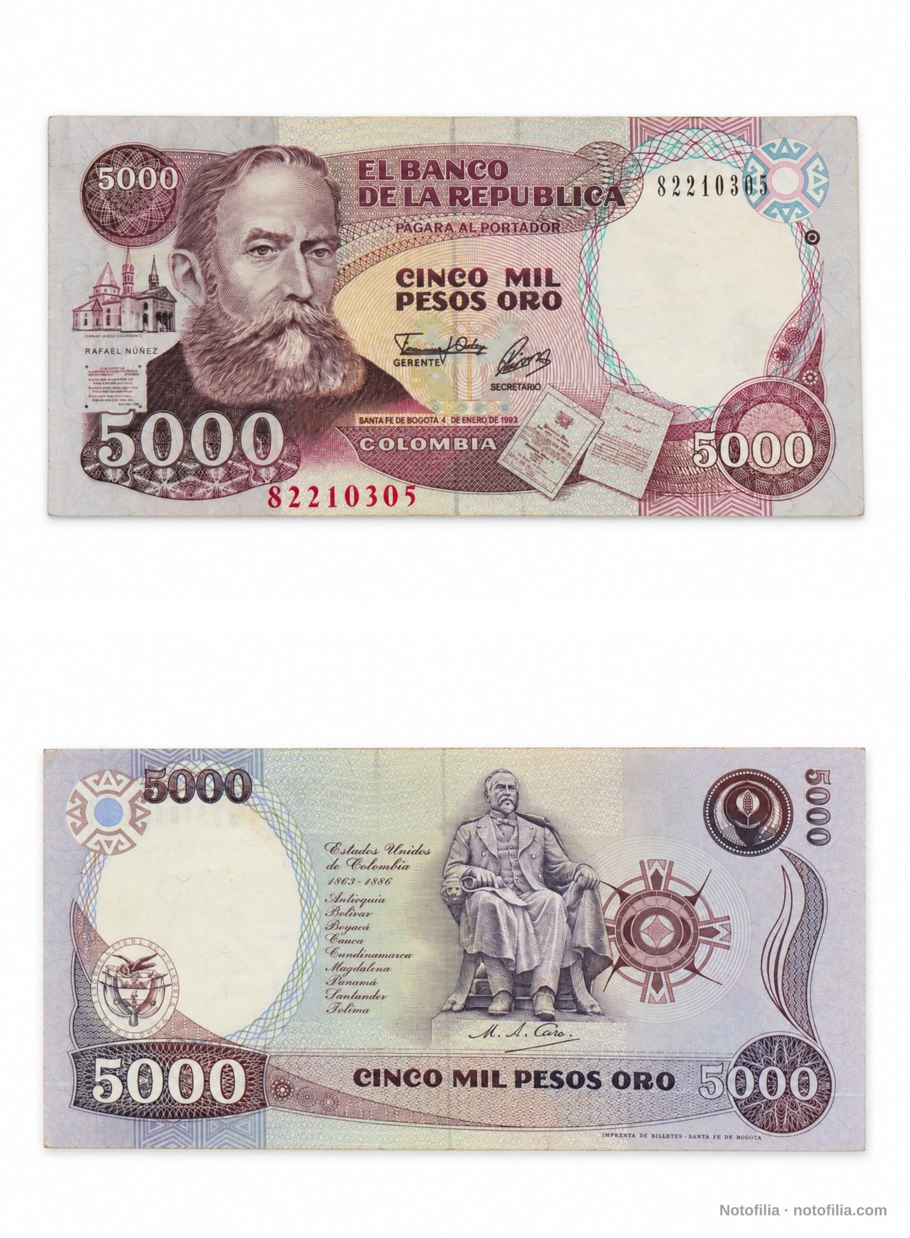 Anverso y reverso del billete colombiano de 5.000 pesos oro del 4 de enero de 1993 con Rafael Núñez, serial 82210365
