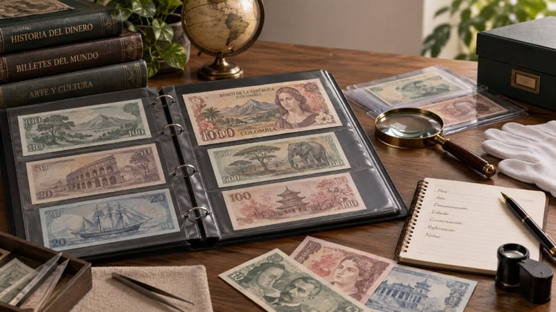 Ilustración de una mesa de coleccionista: álbum abierto con billetes del mundo en fundas, lupa, guantes de algodón, globo terráqueo y un cuaderno con campos de país, año, denominación y conservación