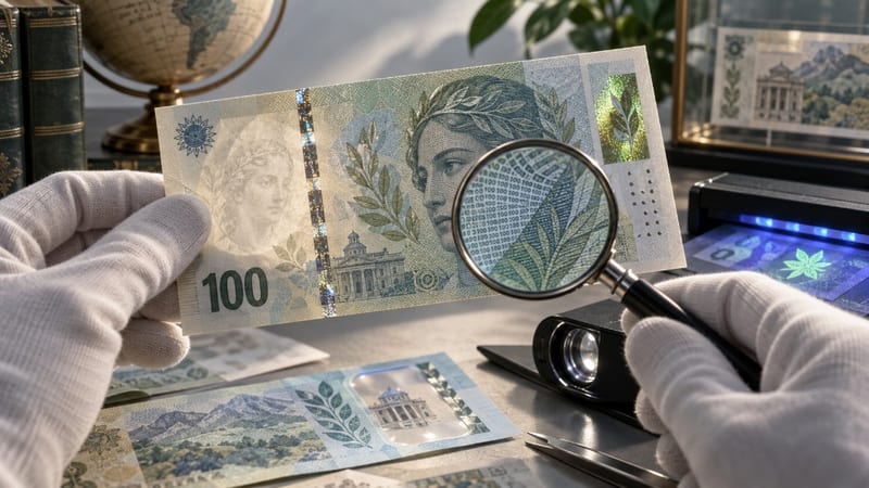 Ilustración de un examen de autenticidad: manos con guantes de algodón sostienen un billete de 100 bajo una lupa, con hilo holográfico y microtexto, mientras una lámpara ultravioleta revela una marca fluorescente