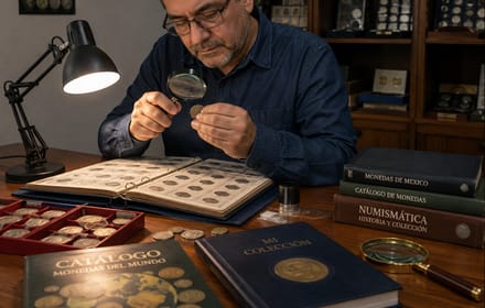 A collector examines a coin with a loupe beside catalogs and albums of Mexican numismatics