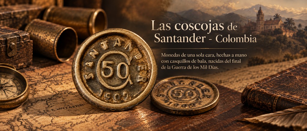 Cartel de las coscojas de Santander: dos piezas de latón de 50 centavos, 1902, sobre un mapa, con vainas, brújula y un paisaje de montaña. Es una ilustración, no el escaneo de una pieza de la colección.