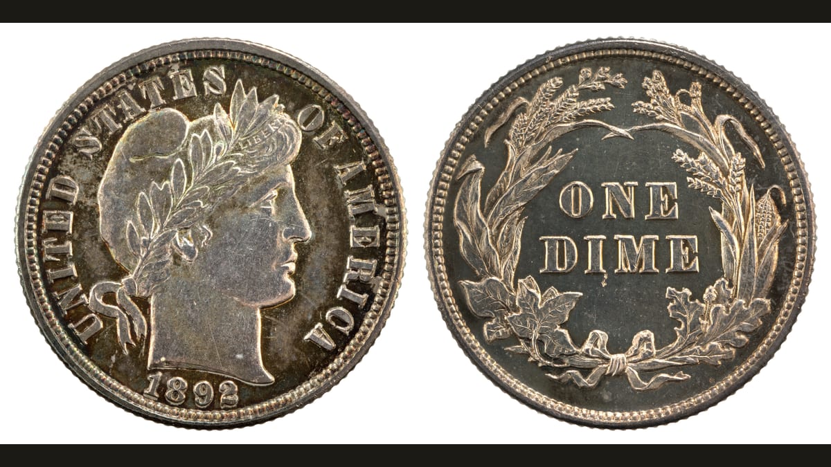 Anverso y reverso de un dime Barber: perfil de la Libertad y corona con One Dime