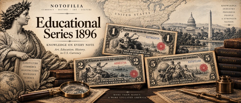 Poster for the 1896 Educational Series: a classical allegory, a map of the United States, the Capitol and the Washington Monument, and the $1, $2, and $5 silver certificates on a desk with books, a magnifying glass, and a compass. It is an illustration, not a scan of the notes in the collection.