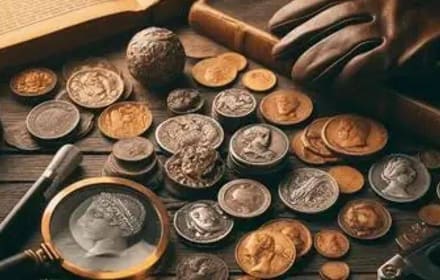 Old silver and bronze coins on a wooden table, with a loupe, collector’s glove, and an open book