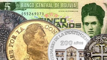 Collage of a 5-boliviano note with Adela Zamudio, a Bolívar coin, a bicentennial piece, and a colonial cob