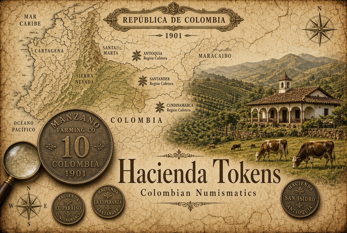 Ilustración de un mapa de la República de Colombia con la fecha 1901, la leyenda Hacienda Tokens y Colombian Numismatics, una casa de hacienda, ganado, brújula, lupa y fichas dibujadas, entre ellas una de Manzano Farming Co. con el valor 10. No es el escaneo de piezas de la colección.