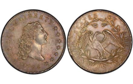 1794 Flowing Hair silver dollar with loose-haired Liberty and an eagle on the reverse