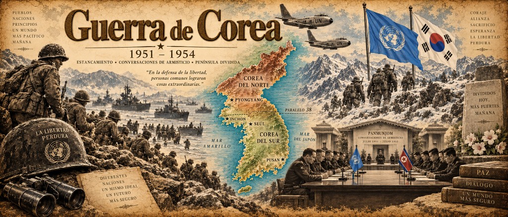 Ilustración contemporánea del teatro de Corea, 1951–1954: la península, el paralelo 38 y los acuerdos de Panmunjom. No es un mapa de época ni un certificado de pago militar.