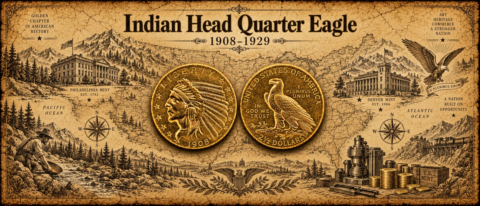 Poster for the Indian Head quarter eagle, 1908–1929: the Philadelphia and Denver mints, both faces of the 1908 coin, a gold panner, an eagle, and a coining press. It is an illustration, not a scan of the pieces in the collection.