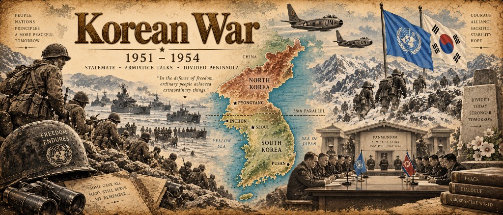 Ilustración contemporánea del teatro de Corea, 1951–1954: la península, el paralelo 38 y los acuerdos de Panmunjom. No es un mapa de época ni un certificado de pago militar.