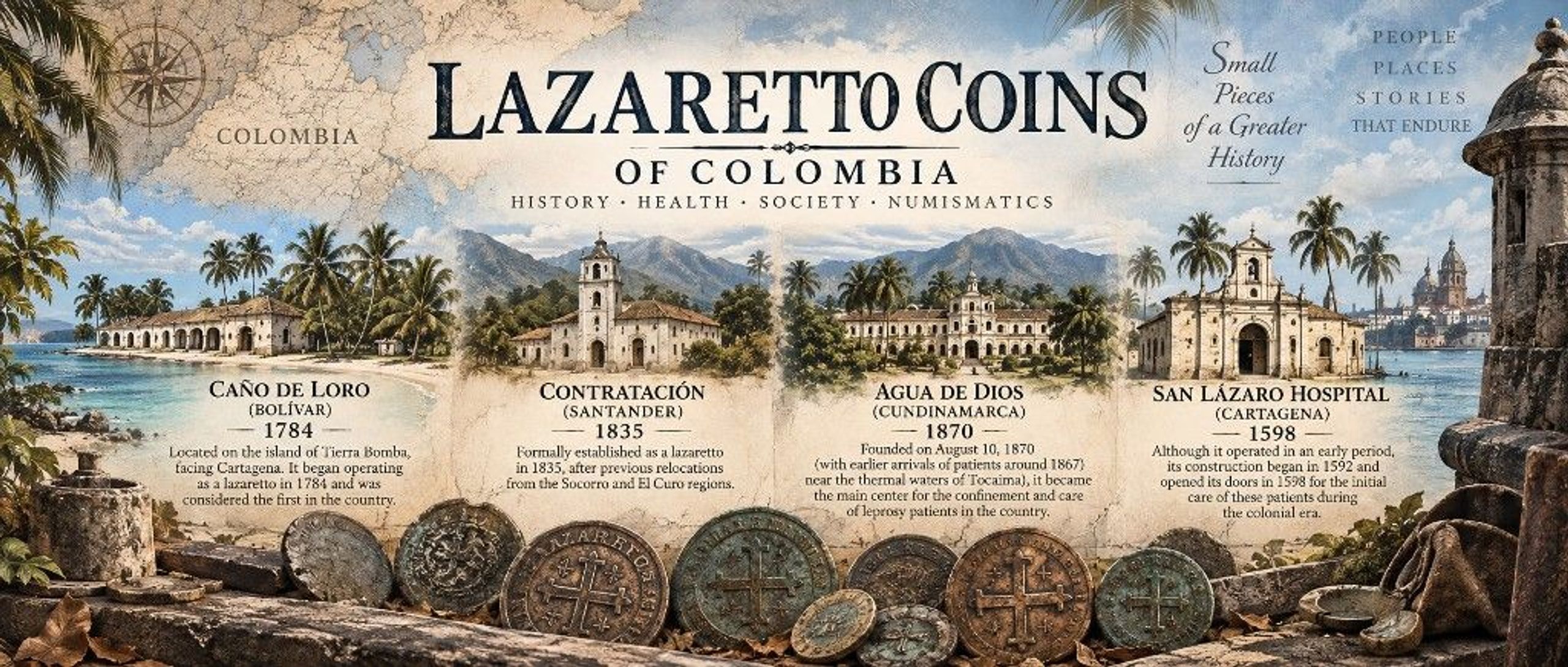 Panoramic illustration titled Lazaretto Coins of Colombia: a map, Caño de Loro (1784), Contratación (1835), Agua de Dios (1870), Hospital San Lázaro in Cartagena (1598), and coins with the cross of Saint Lazarus.