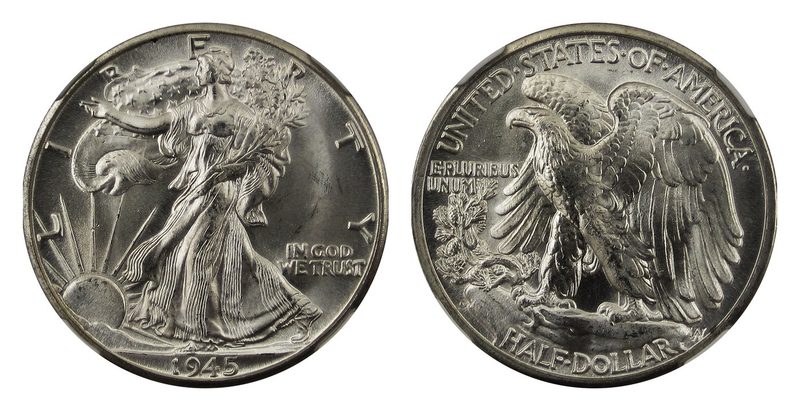 Anverso y reverso de un medio dólar Walking Liberty, con la Libertad caminante y el águila posada sobre una roca