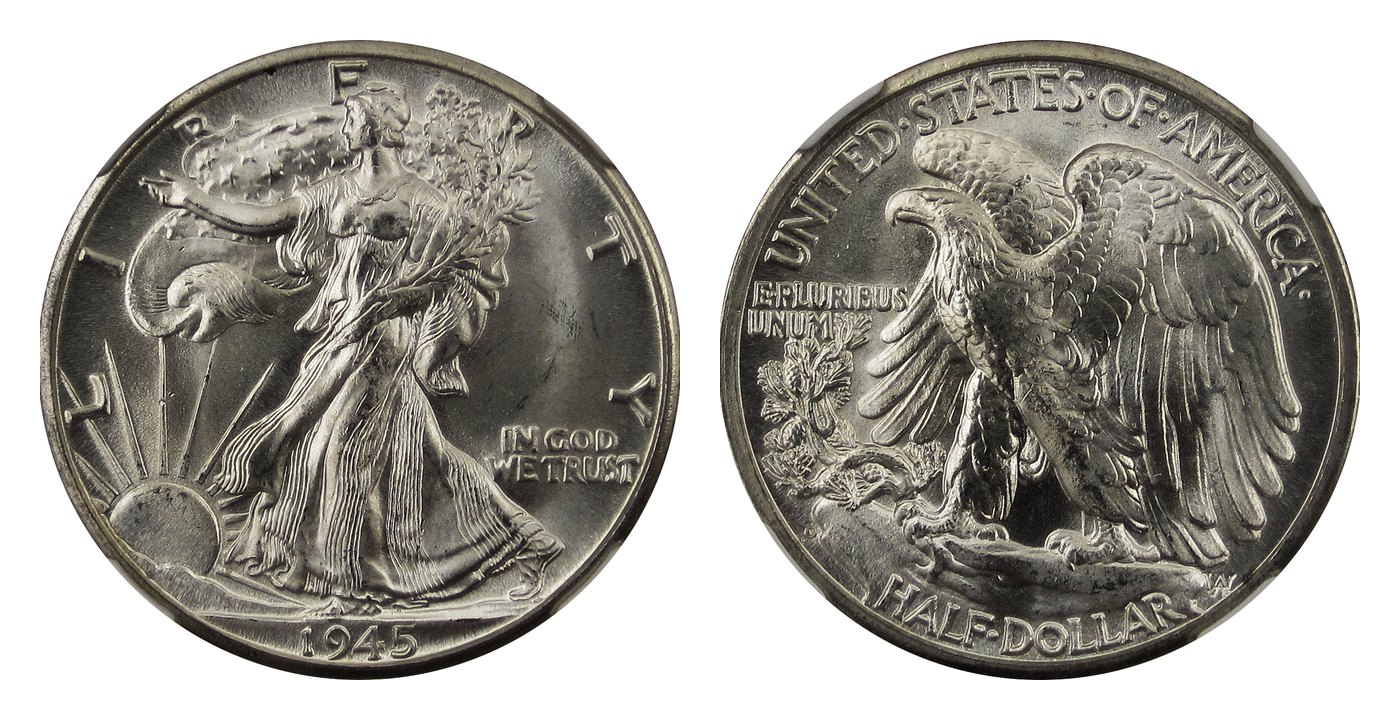 Anverso y reverso de un medio dólar Walking Liberty, con la Libertad caminante y el águila posada sobre una roca
