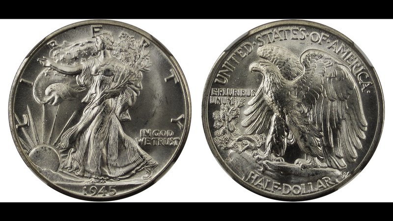 Anverso y reverso de un medio dólar Walking Liberty: la Libertad caminando hacia el sol naciente y un águila posada sobre una roca