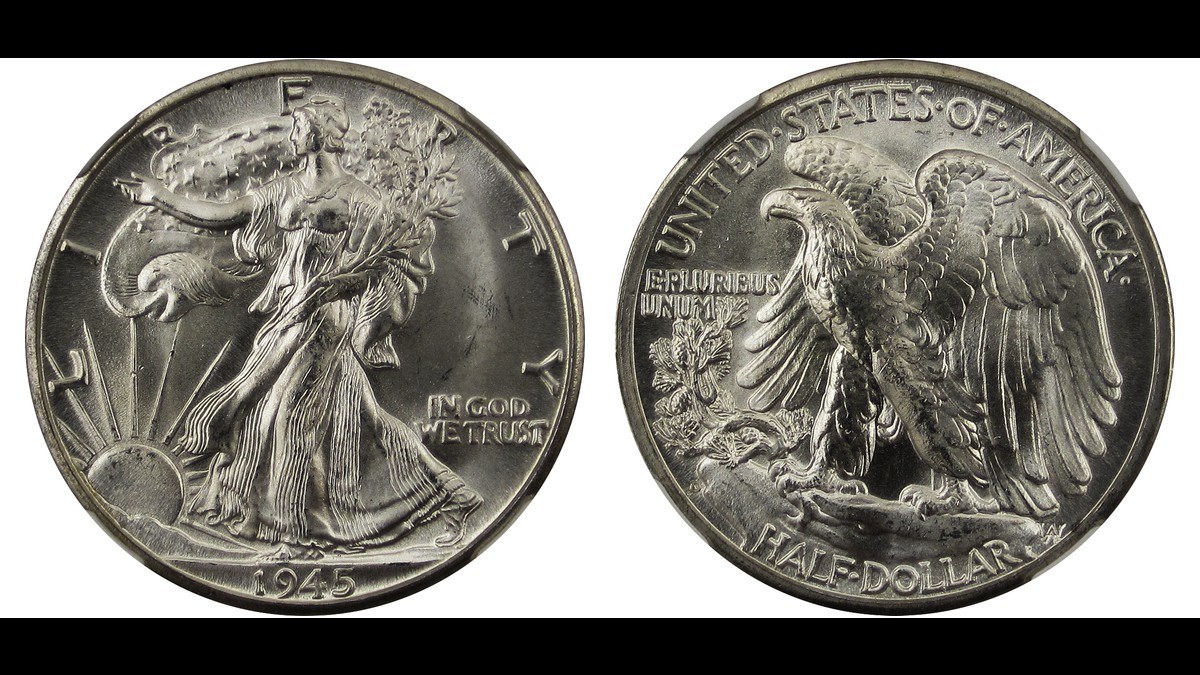 Anverso y reverso de un medio dólar Walking Liberty: la Libertad caminando hacia el sol naciente y un águila posada sobre una roca