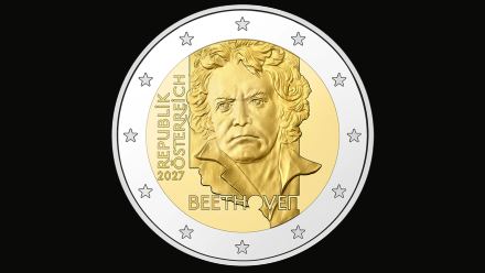 National side of Austria’s 2027 €2 with Beethoven’s frontal portrait, REPUBLIK ÖSTERREICH, and the EU stars