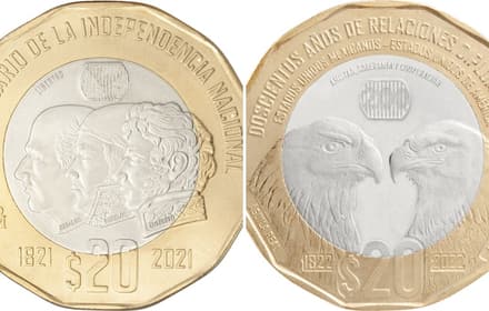 Dodecagonal 20-peso coins: Independence Bicentennial (left) and Mexico–U.S. relations (right)