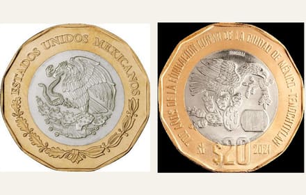Obverse and reverse of the 2021 20-peso for the 700th anniversary of the lunar founding of Mexico-Tenochtitlan