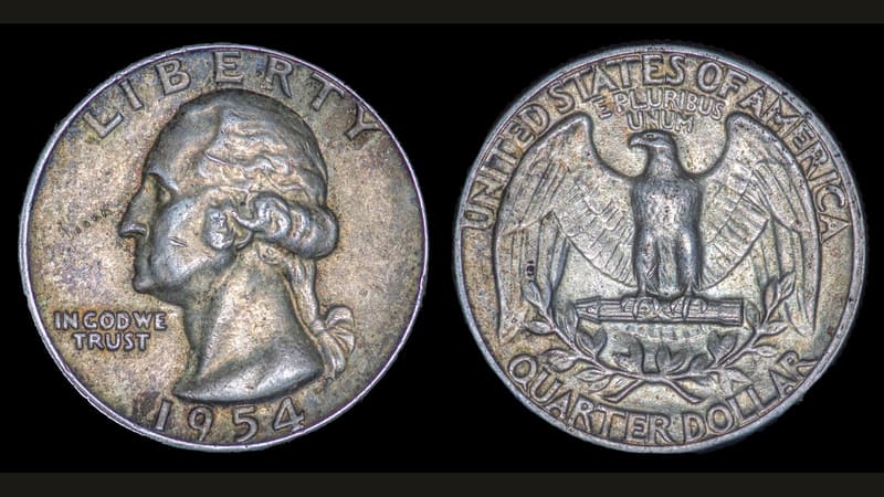 Obverse and reverse of a silver Washington quarter: Washington’s portrait and an eagle with spread wings