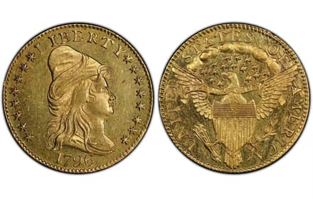 Obverse and reverse of a 1796 U.S. $2.50 gold coin, Liberty with 16 stars and a heraldic eagle
